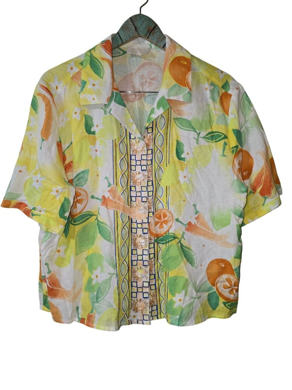 Hester & Orchard Fruit Floral Sun and Stars Linen Short Waist Top, XL